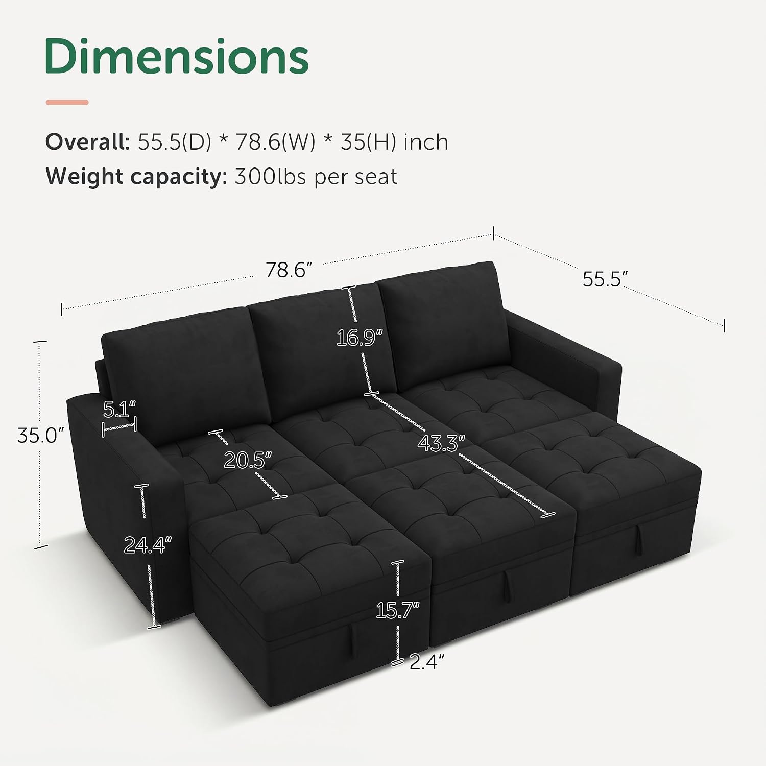 HONBAY Modular Sectional Sleeper Sofa, Sleeper Couch with Storage Seats Oversized Sectional Couches for Living Room,Black