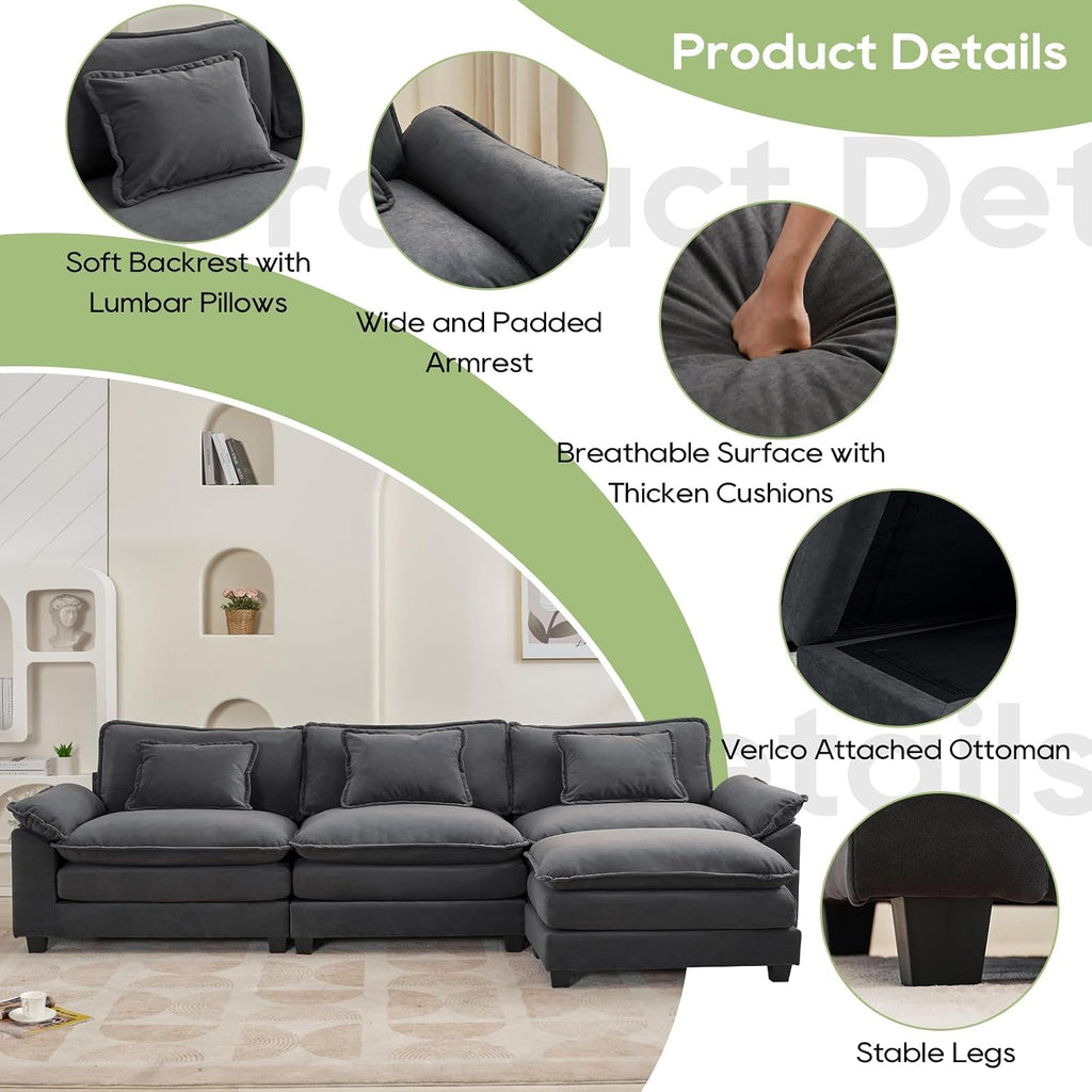 Oprisen 120' Modular Sectional Sofa, Comfy Cloud Couch Sectional Sofa with Ottoman, Velvet Sofa Sleeper Deep Seat Sofa with Throw Pillows for Living Room (Blue Gray, 120'- L Shape)