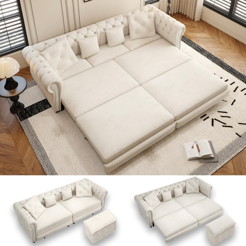 89' King Pull Out Sofa Bed, Velvet Chesterfield Sleeper Sofa Couch, 3 in 1 Convertible Tufted Futon Couches with Ottoman for Living Room, Small Space, Apartment, Bedroom, Office, Beige
