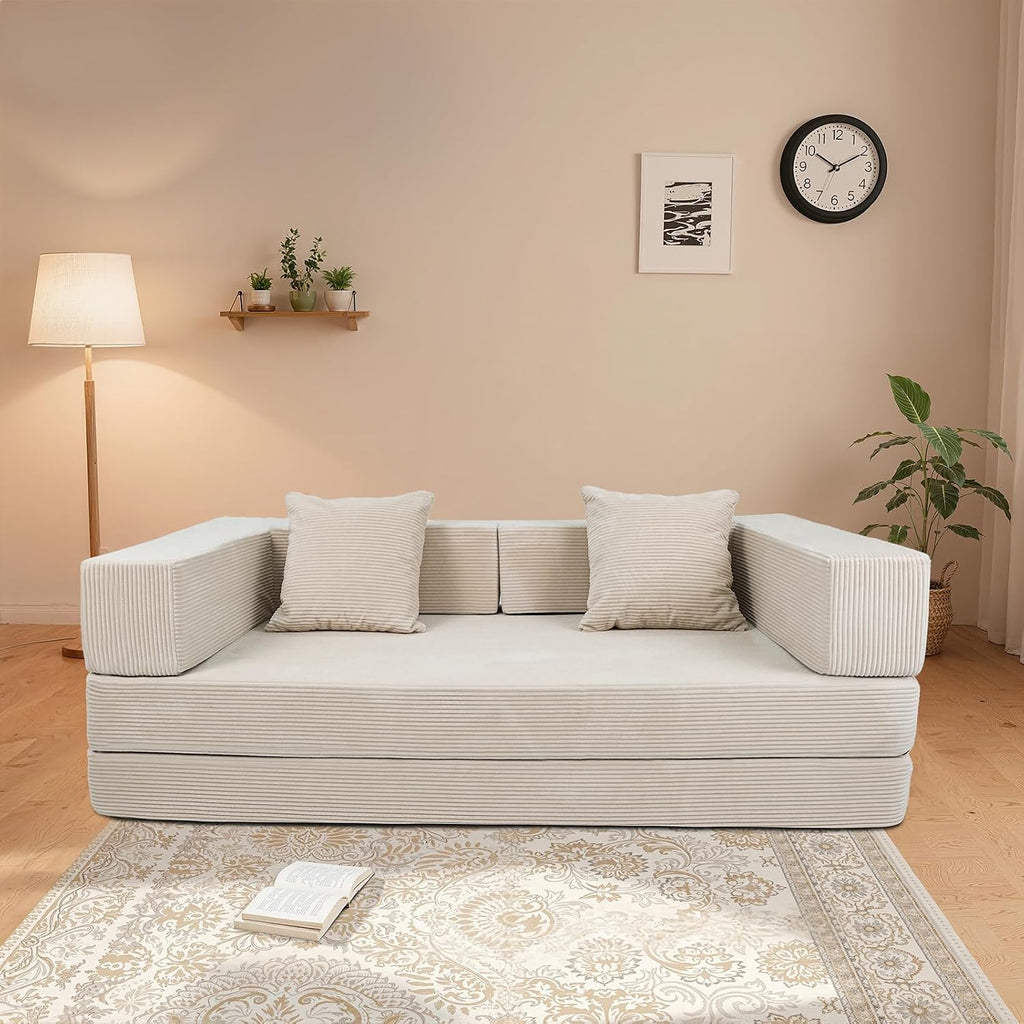5‑in‑1 Futon Sofa Bed Queen – Floor Foldable Convertible Sofa Couch with L‑Shaped Armrests, Removable Cover, White Convertible Guest Bed | Space‑Saving Fold‑Out Mattress Lounge for Living Room/Bedroom