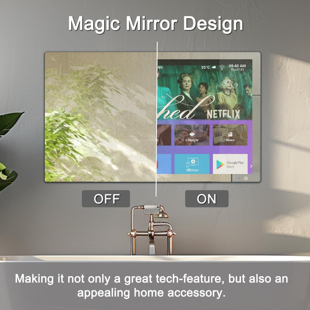 Haocrown 32' 4K Ultra HD Smart Bathroom Mirror TV, IP66 Waterproof, Android 13 System with Voice Remote,ATSC Tuner, 500 cd/㎡ High Brightness (Black Frame, 2025 Model)