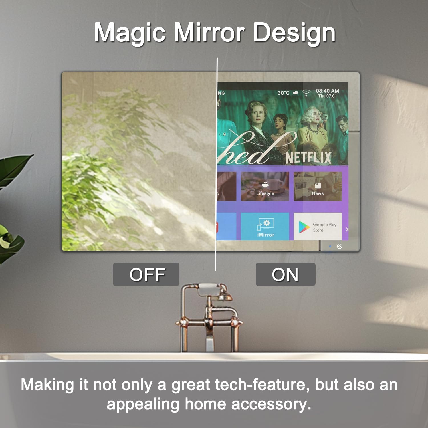 Haocrown 32' 4K Ultra HD Smart Bathroom Mirror TV, IP66 Waterproof, Android 13 System with Voice Remote,ATSC Tuner, 500 cd/㎡ High Brightness (Black Frame, 2025 Model)