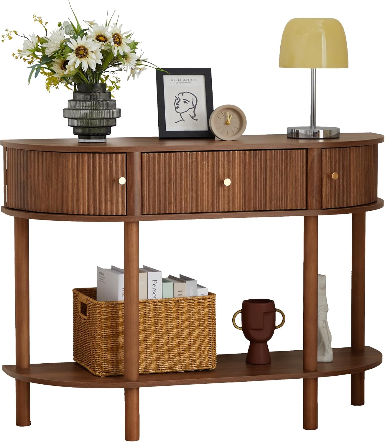 XUZENEST 43.3' Fluted Half Moon Console Table, Modern Entryway Console Sofa Table with Storage, Narrow Wood Accent Tables Behind Couch Tables for Living Room, Hallway, Foyer(Walnut)