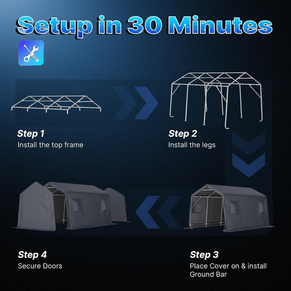 ADVANCE OUTDOOR 10X15 ft Garage Shelter Steel Metal Peak Roof Portable Storage Shed Carport for Motorcycle Boat, or Garden Tools with 2 Roll up Doors & Vents, Gray
