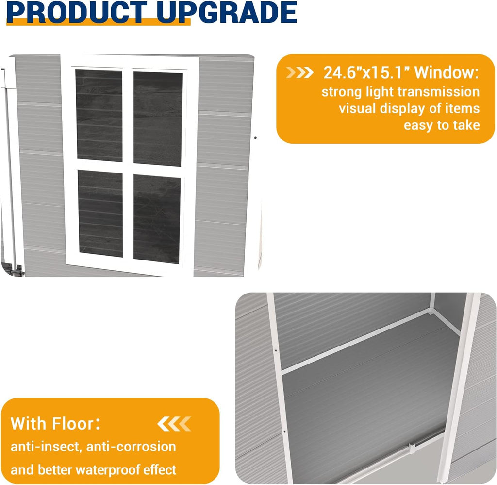 UDPATIO Outdoor Storage Shed 5x3 FT, Resin Garden Shed for Bike, Garbage Can, Tool, Plastic Outside Sheds & Outdoor Storage Storage Box with Lockable Door for Backyard, Patio, Lawn, Grey & White