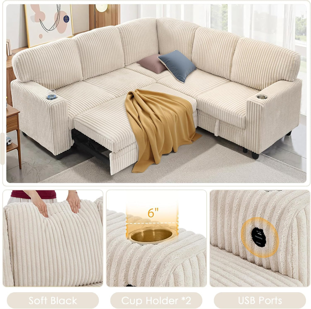 81' Modular Sectional Sofa, L Shaped 5-Seater Sleeper Sofa with Pull Out Bed, Hidden Storage, Cup Holders & USB Charging Ports, Sectional Couches for Living Room, Corduroy, Beige
