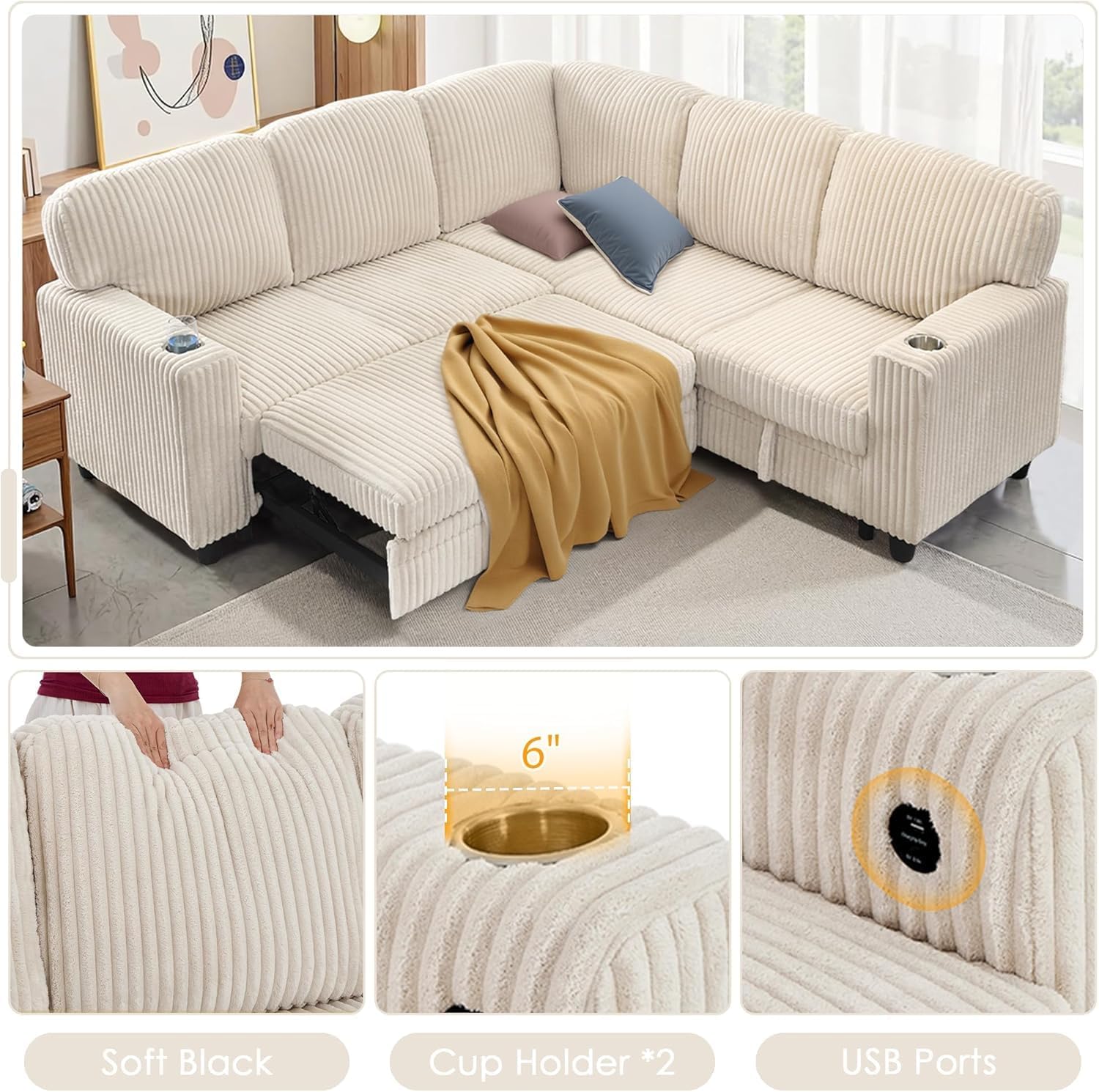 81' Modular Sectional Sofa, L Shaped 5-Seater Sleeper Sofa with Pull Out Bed, Hidden Storage, Cup Holders & USB Charging Ports, Sectional Couches for Living Room, Corduroy, Beige