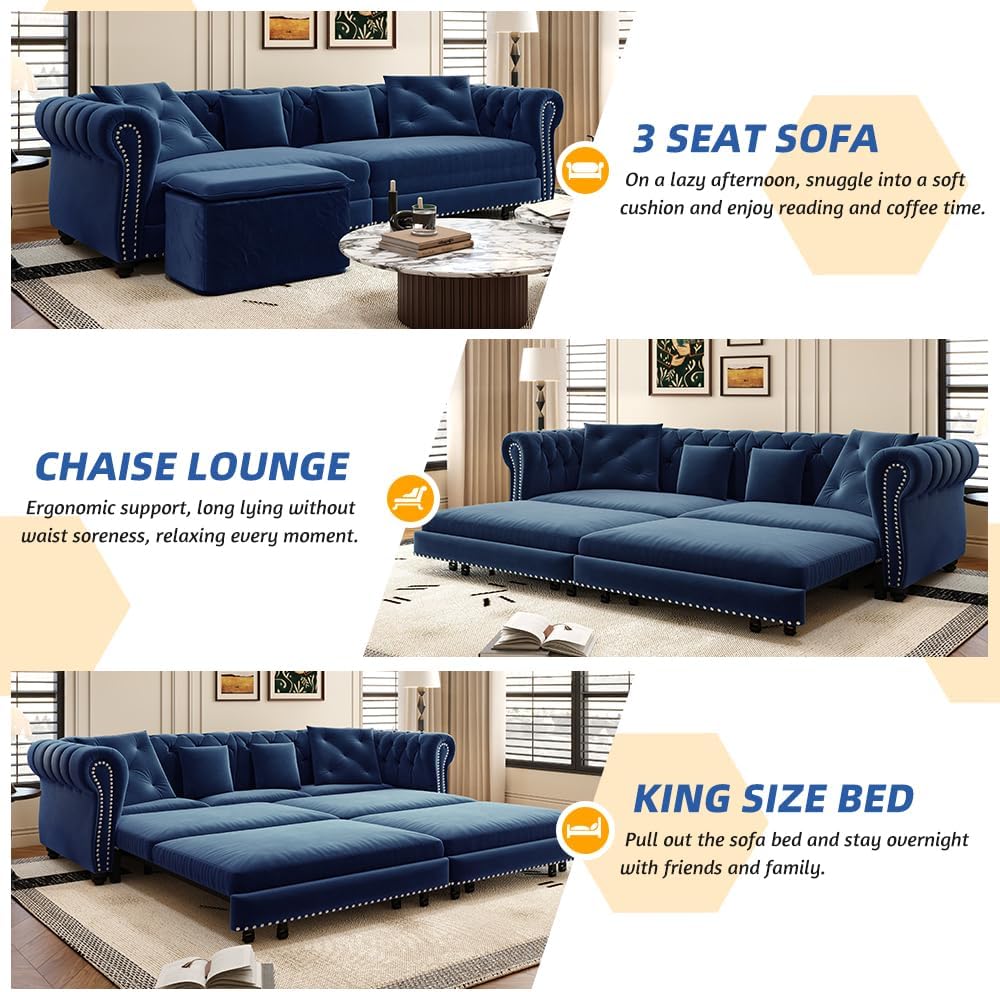 89'' Pull Out Sofa Bed King, Chesterfield Velvet Sleeper Sofa, Convertible L-Shaped Futon Couch, Tufted Back, 4 Pillows, Ottoman, Deep Seat Loveseat Couches for Living Room, Apartment, Blue