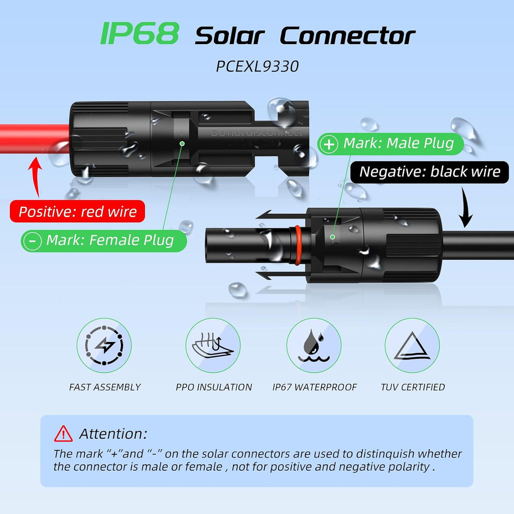 100FT 12AWG Solar Panel Extension Cable, Bateria Power 12 Gauge 4mm² PV Wire with Female & Male Waterproof Connectors for RV, Photovoltaic Systems, Set of 2