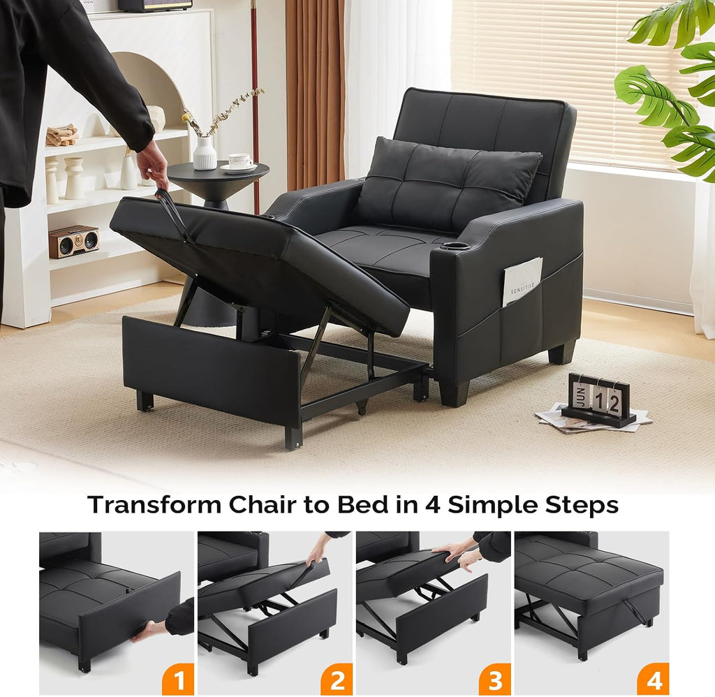 VINGLI Sleeper Chair 3-in-1 Convertible Sofa Bed Adjustable Recliner Sofa Modern Pull Out Couch Bed with 2 USB Ports 2 Cup Holders 2 Side Pockets for Living Room Bedroom Small Spaces, Black