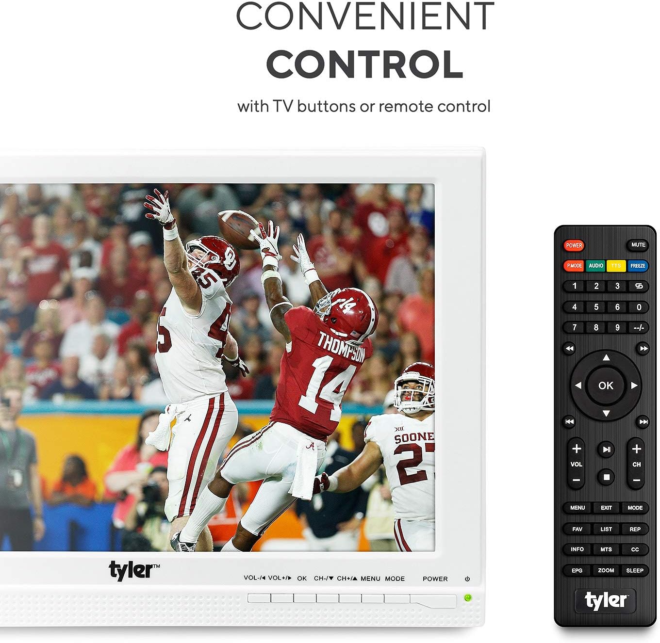 Tyler 13.3' Portable TV LCD Monitor 1080P Rechargeable Lithium Battery Operated, 3 Antenna, HDMI, SD, USB, RCA, FM Radio, Digital Tuner, AV Inputs, AC/DC, TV Stand & Remote Control For Kids Car Travel