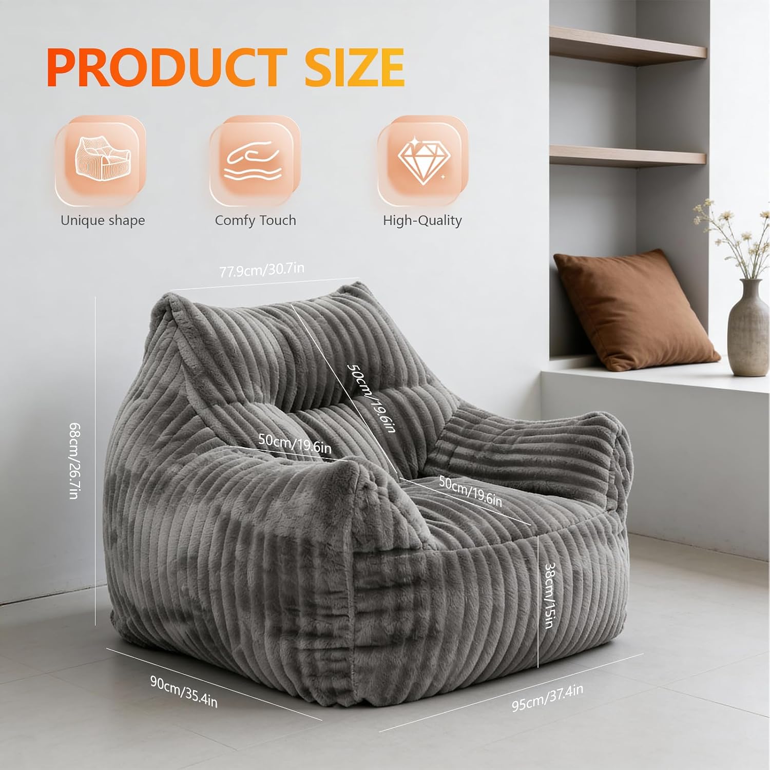 Bean Bag Chair for Adults with Armrests, Bean Bag Sofa with Back Support for Living Room, Bedroom, Dorm, Cozy Fluffy BeanBag Lazy Couch (Gray)