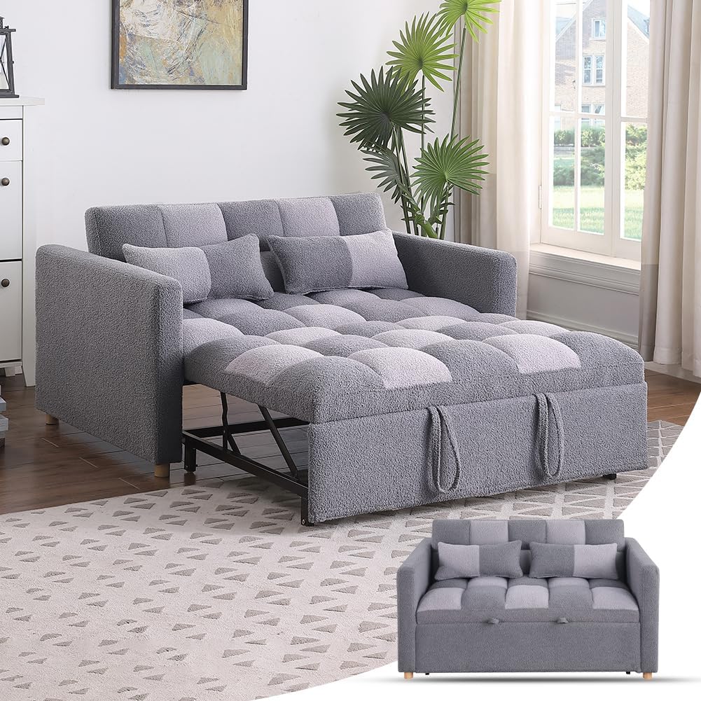 Loveseat Sleeper Sofa- 3 in 1 Convertible Sofa Bed,Pull Out Couch with Adjustable Backrest,Multi-Functional Lounge Chair with Teddy Fabric for Living Room,Small Space (Grey)