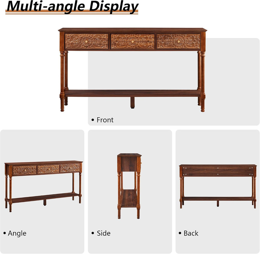 weselon 55.5' Carved Console Table with 3 Drawers, 2-Tier Sofa Table with Glossy Floral Surface and Solid Wood Legs, Mid-Century Modern Entryway Table for Living Room Hallway (Walnut)