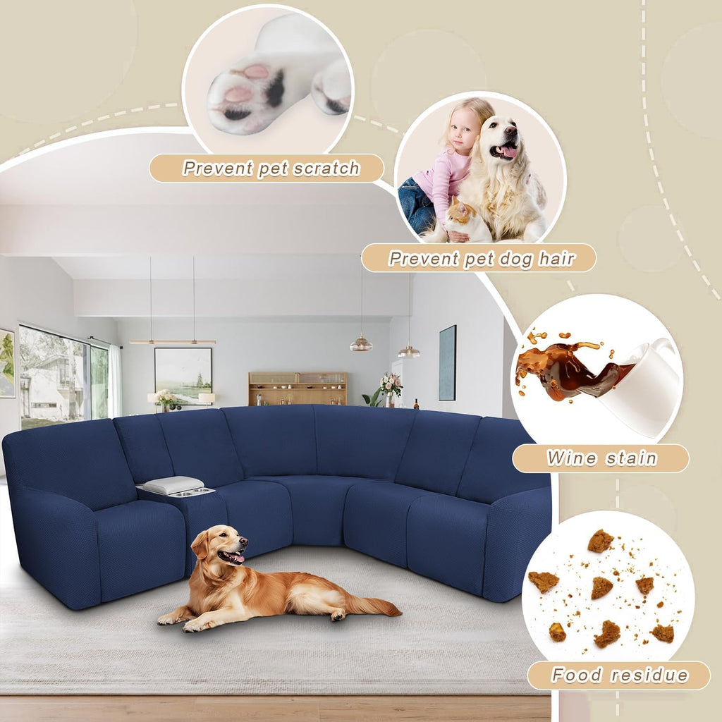 ALIECOM Waterproof Reclining Sectional Couch Covers for Reclining Sectional Stretch L Shaped Recliner Sofa Cover Washable Pet Dog Corner Sofa Slipcovers Protector (5 Seat and 1 Console, Navy Blue)