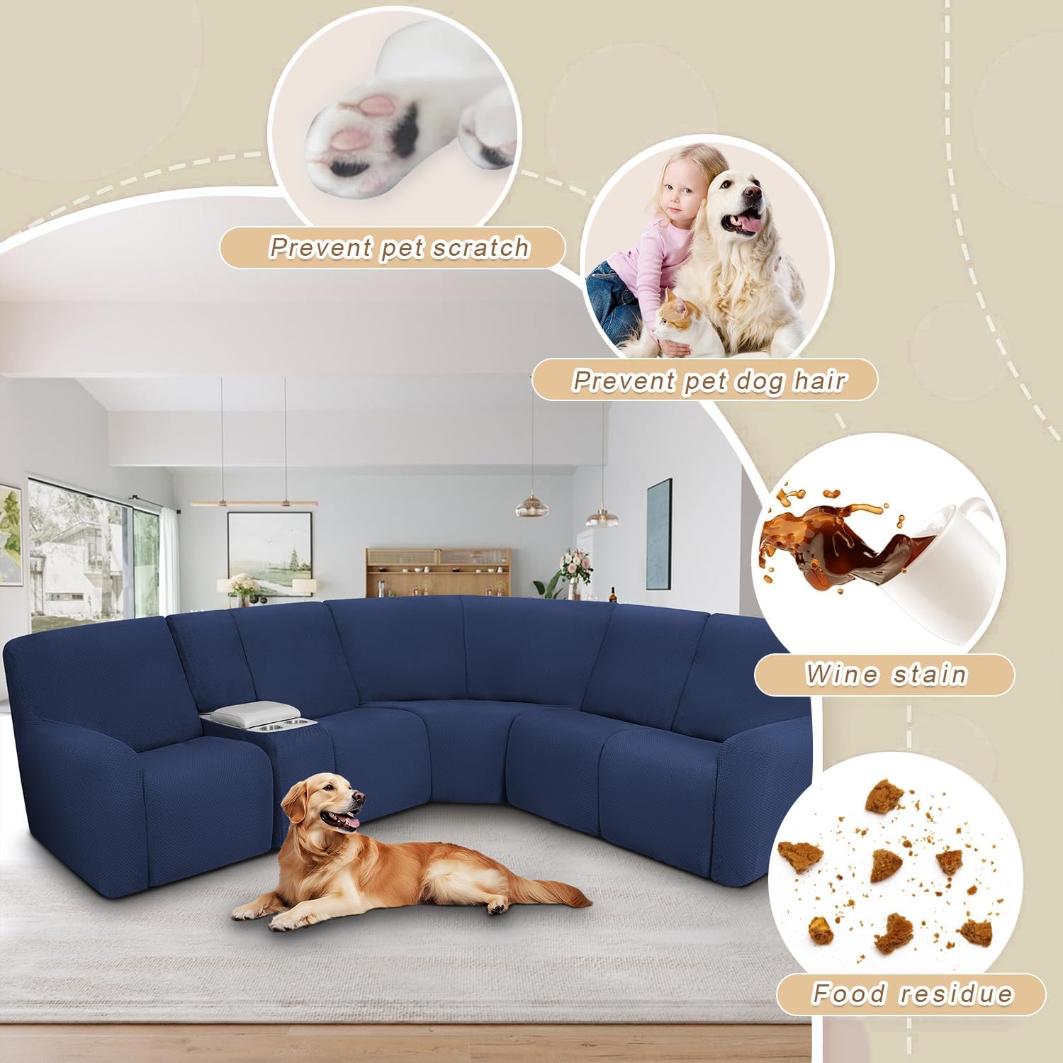 ALIECOM Waterproof Reclining Sectional Couch Covers for Reclining Sectional Stretch L Shaped Recliner Sofa Cover Washable Pet Dog Corner Sofa Slipcovers Protector (5 Seat and 1 Console, Navy Blue)
