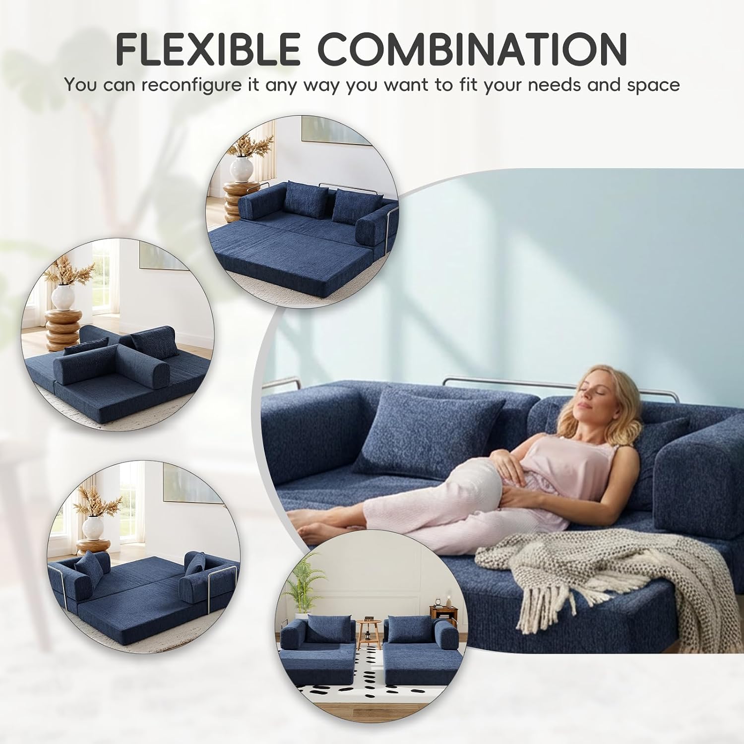 5-in-1 Convertible Folding Sofa Bed, 79' Queen Chenille Boneless Couch with Removable Armrests, No Assembly Loveseat Sleeper Sofa, Modular Futon Couch for Living Room & Bedroom (Blue)