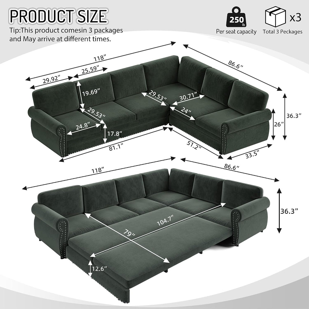 118'' Pull Out Couch, Convertible Sleeper Sofa Bed, Upholstered Sectional Sofa, Chenille L-Shaped Couch with Nailhead Trim, 6-Seater Modern Sectional Couches for Living Room, Apartment, Green