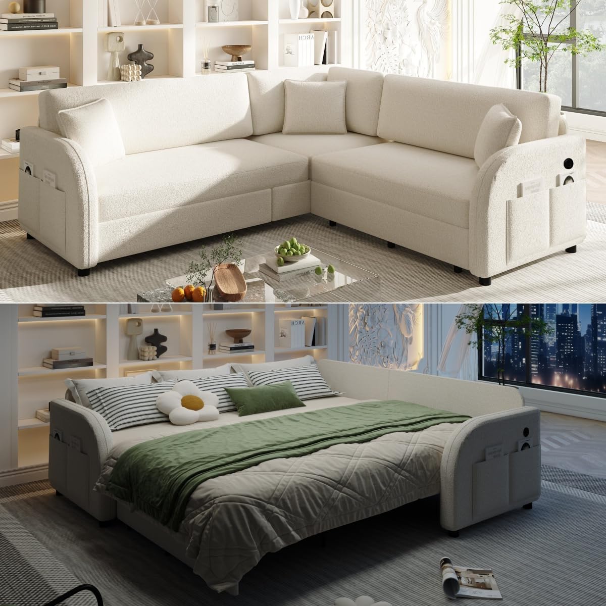 85.1'' Pull Out Couch Bed King Size, Convertible Sleeper Sofa, Upholstered 4-Seater L-Shaped Couch with Side Pockets, USB, 3 Pillows, Teddy Sectional Couches for Living Room, Apartment, Beige