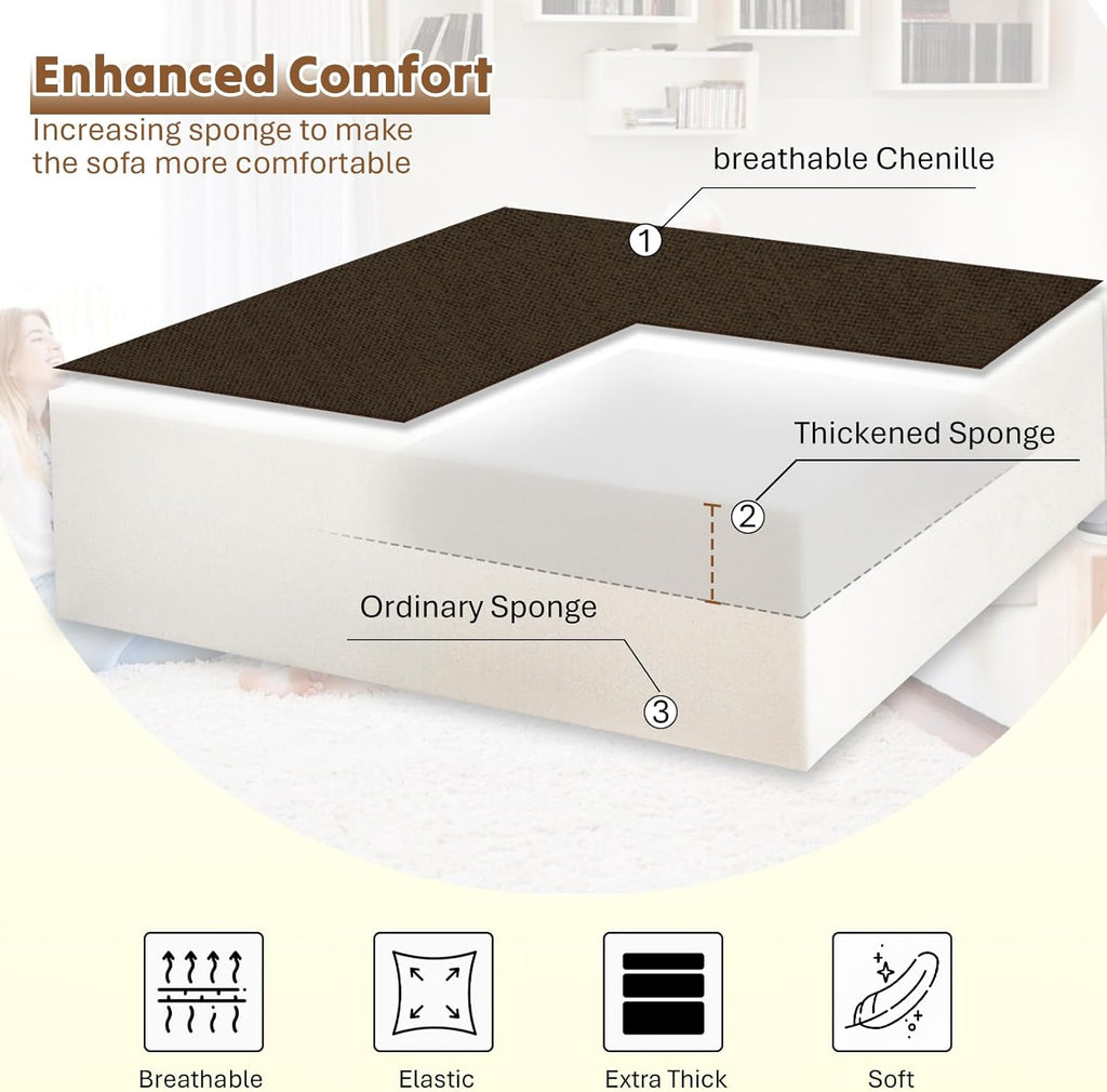 85' Chenille Reversible Sectional Sofa w/Pull-Out Bed, Upholstery L-Shaped Couch w/Storage Armrests & Cup Holders, Modern Corner Sofa w/USB Charging Port & Throw Pillow for Living Room, Brown