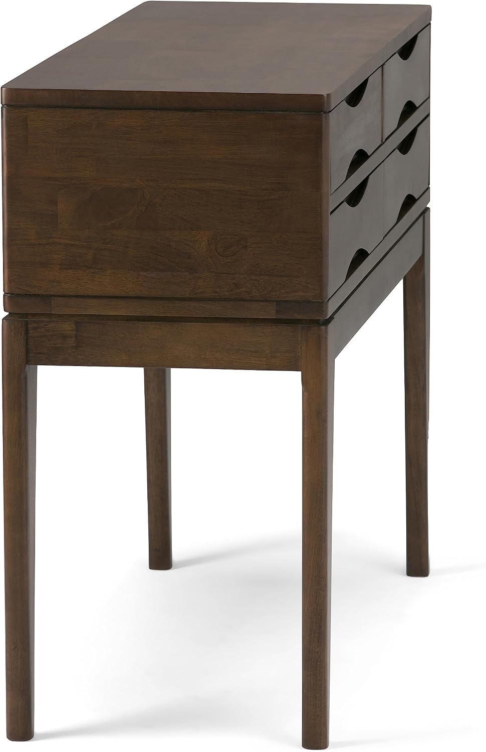 SIMPLIHOME Harper Console Table - 40 Inch Wide Solid Hardwood Sofa Table in Walnut Brown, Mid-Century Modern Storage Table for Entryway or Living Room with 4 Drawers, Notched Handles, and Tapered Legs