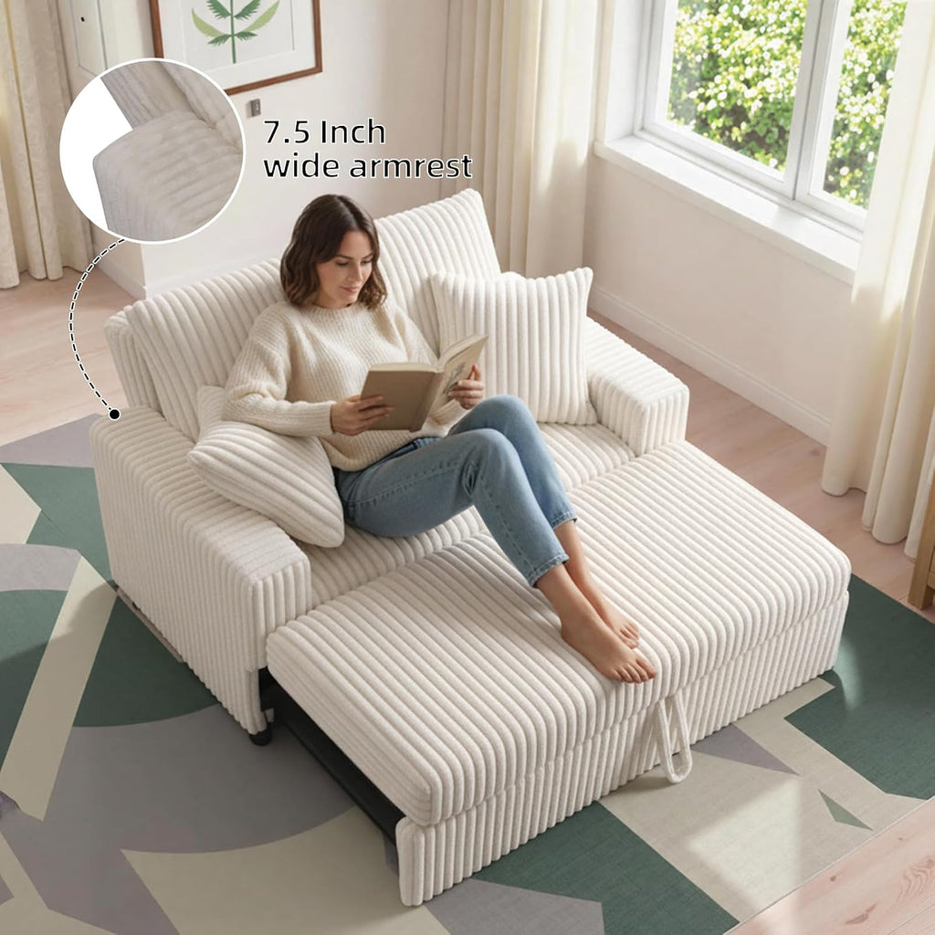 3 in 1 Convertible Sofa Bed，52.8' Pull Out Couch with Side Pockets，Modern Corduroy Fabric Loveseat Sleeper Sofa with Adjustable Backrest for Living Room Bedroom Apartment (Beige Corduroy)