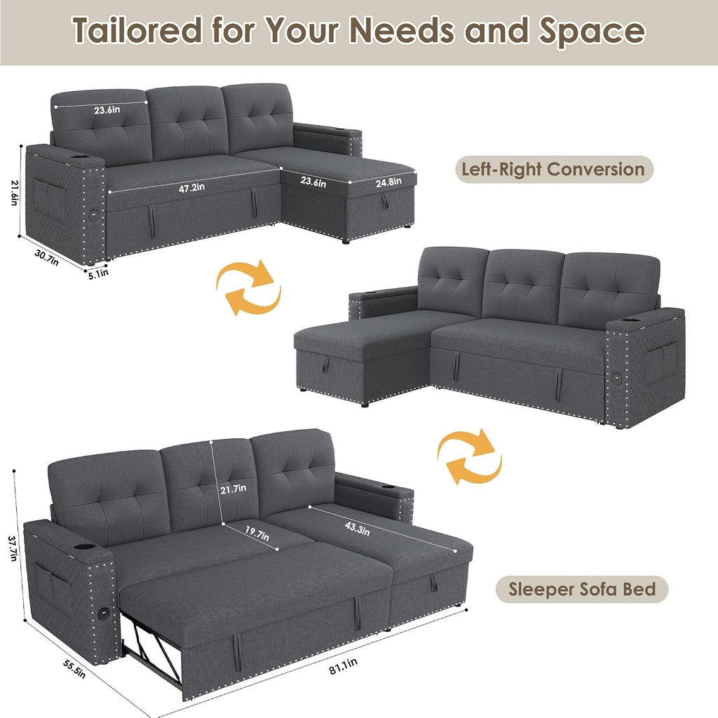 HIFIT Sleeper Sofa Bed- 81' L Shaped Pull Out Couches for Living Room with Storage Chaise, 2 Storage Armrest, LED Light&USB Port&Cupholder, Modern Linen Sectional Home Sofa Living Room Furniture, Grey
