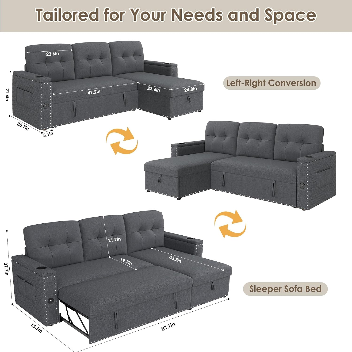 HIFIT Sleeper Sofa Bed- 81' L Shaped Pull Out Couches for Living Room with Storage Chaise, 2 Storage Armrest, LED Light&USB Port&Cupholder, Modern Linen Sectional Home Sofa Living Room Furniture, Grey