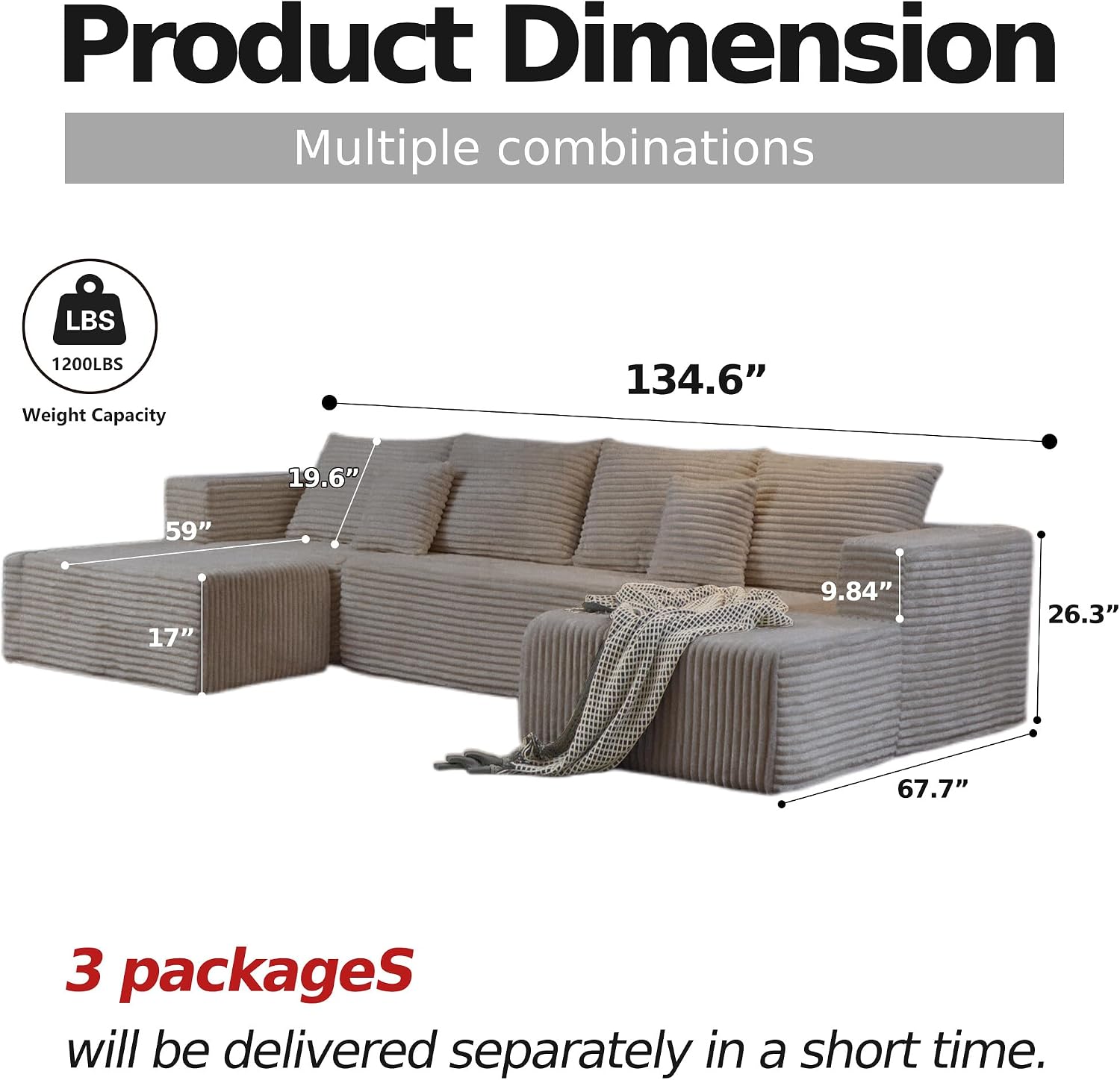 CHORRO134.6''Sectional Boneless Couch for Livingroom,Modular Corduroy Cloud Couch, U-Shaped Sofa with Chaise and Pillows,4-Deep Seat Sectional Sofa with 1 Ottoman,(Camel,Left Chaise)