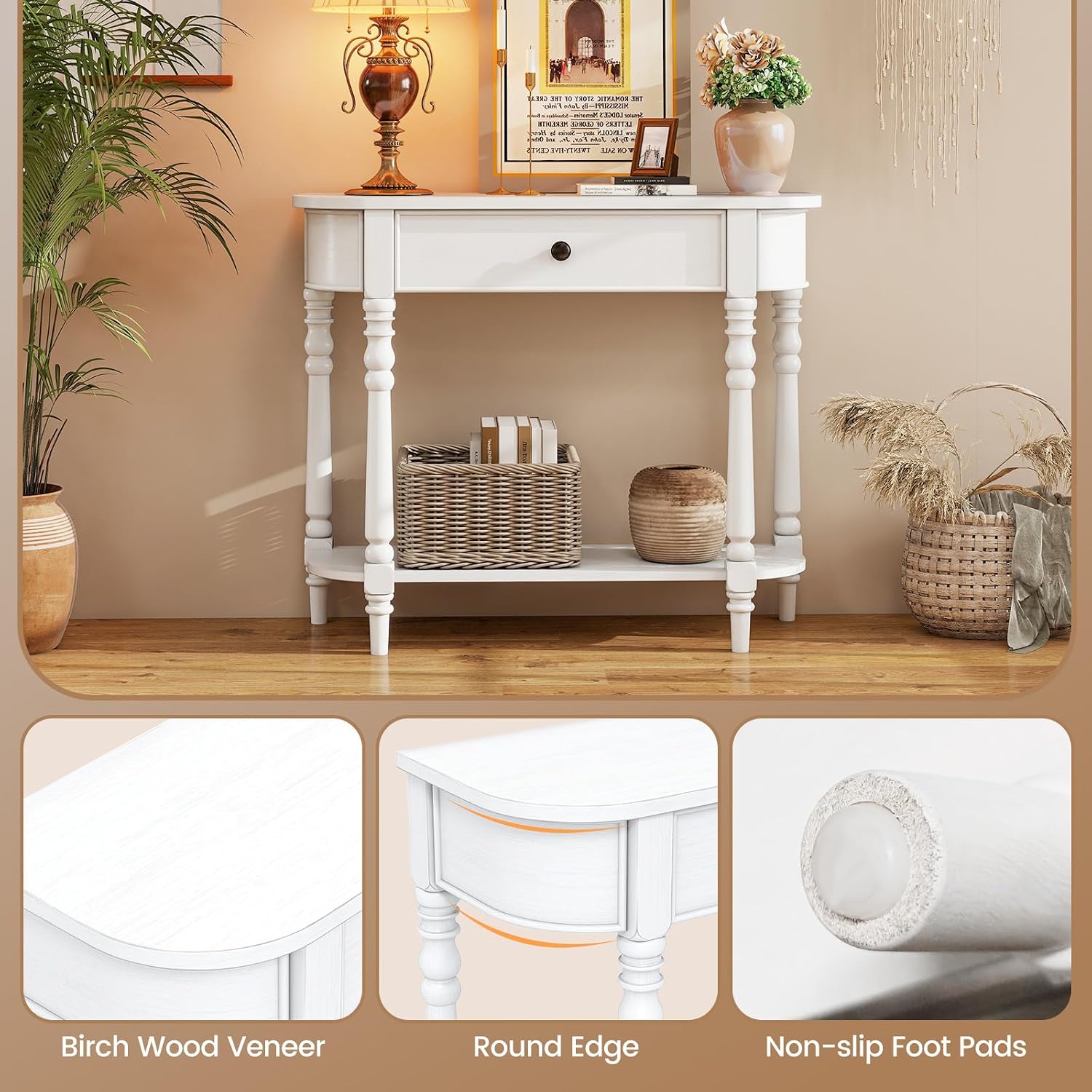 Giantex 2-Tier Narrow Console Table, 36' White Entryway Table with Storage Drawer & Elegant Legs, Wooden Sofa Table with Open Shelf for Living Room, Foyer, Hallway, Bedroom, Entrance