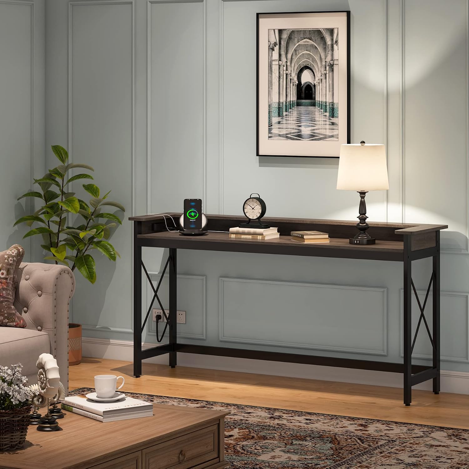 Tribesigns Sofa Table with Outlets and USB Ports, 70.9 inch Extra Long Console Table Behind Couch with Charging Station, Industrial Narrow Entryway Hallway Accent Table for Living Room