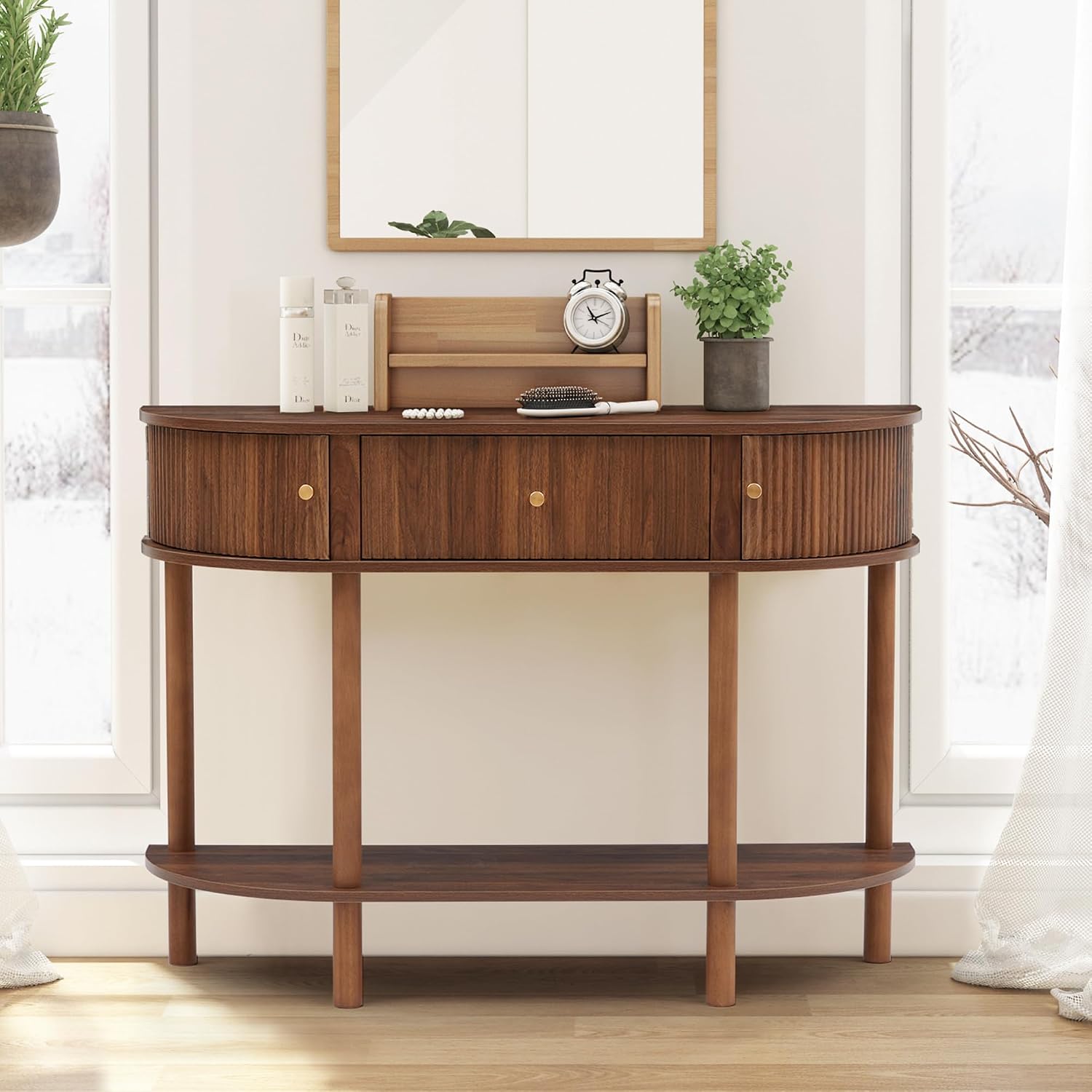 XUZENEST 43.3' Fluted Half Moon Console Table, Modern Entryway Console Sofa Table with Storage, Narrow Wood Accent Tables Behind Couch Tables for Living Room, Hallway, Foyer(Walnut)