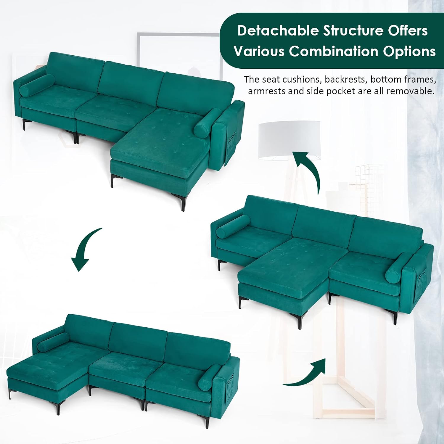 Giantex 97' Couch, Sectional Sofa, L-Shaped Modular Sleeper with Convertible Chaise Lounge, USB Ports, 3-Hole Socket, Hidden Storage Box, 2 Bolsters, Family Apartment Living Room Bedroom Office (Teal)