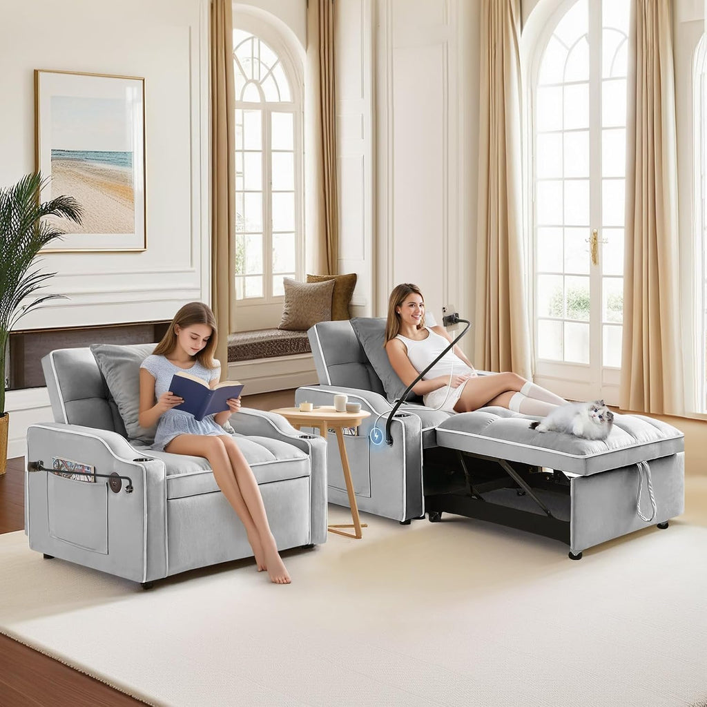 Antetek Sleeper Sofa Chair Bed with Charging Ports & Phone Holder & Cup Holder, Modern Velvet 3 in 1 Convertible Pull Out Single Sofa Chair Bed for Small Spaces Apartment, Light Grey