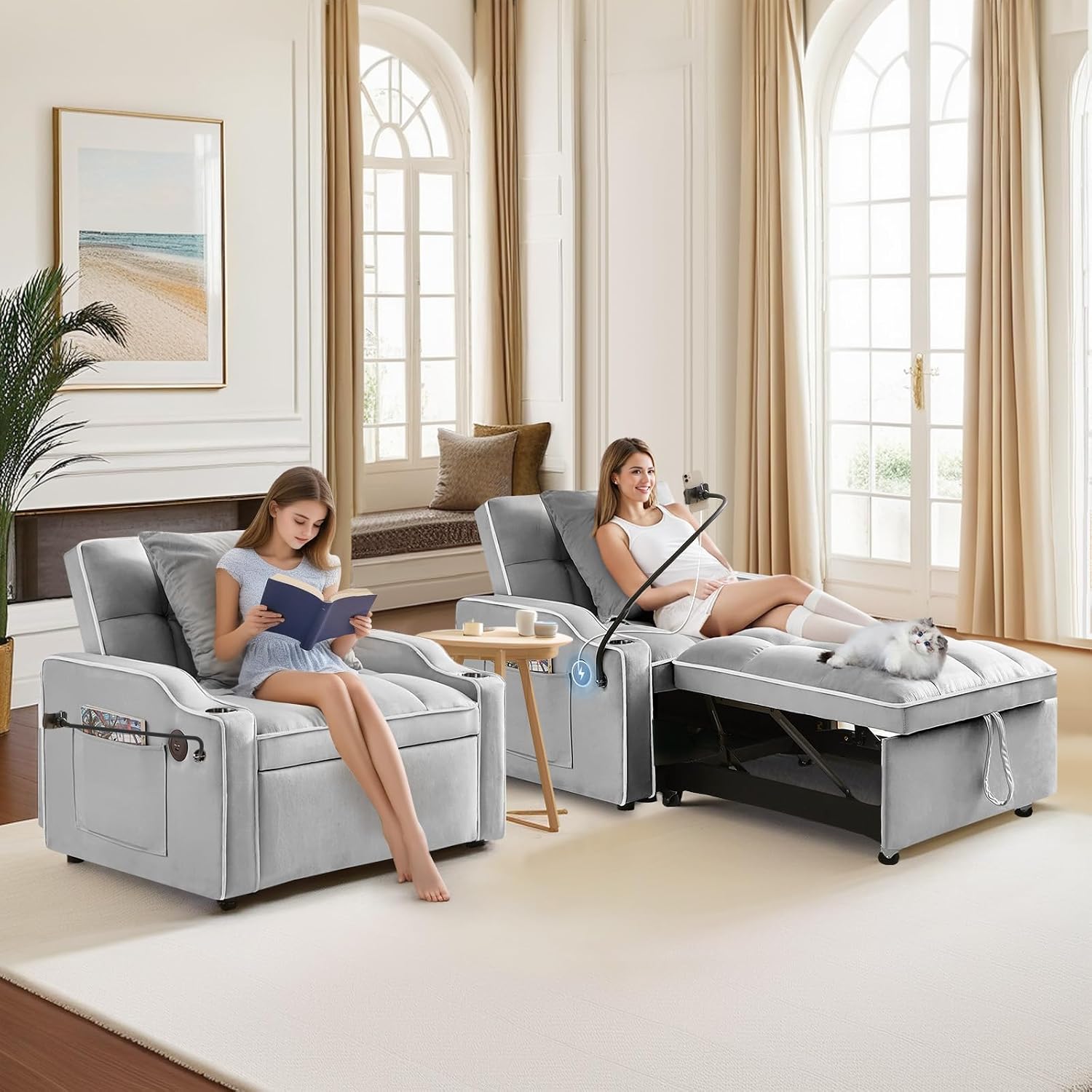 Antetek Sleeper Sofa Chair Bed with Charging Ports & Phone Holder & Cup Holder, Modern Velvet 3 in 1 Convertible Pull Out Single Sofa Chair Bed for Small Spaces Apartment, Light Grey