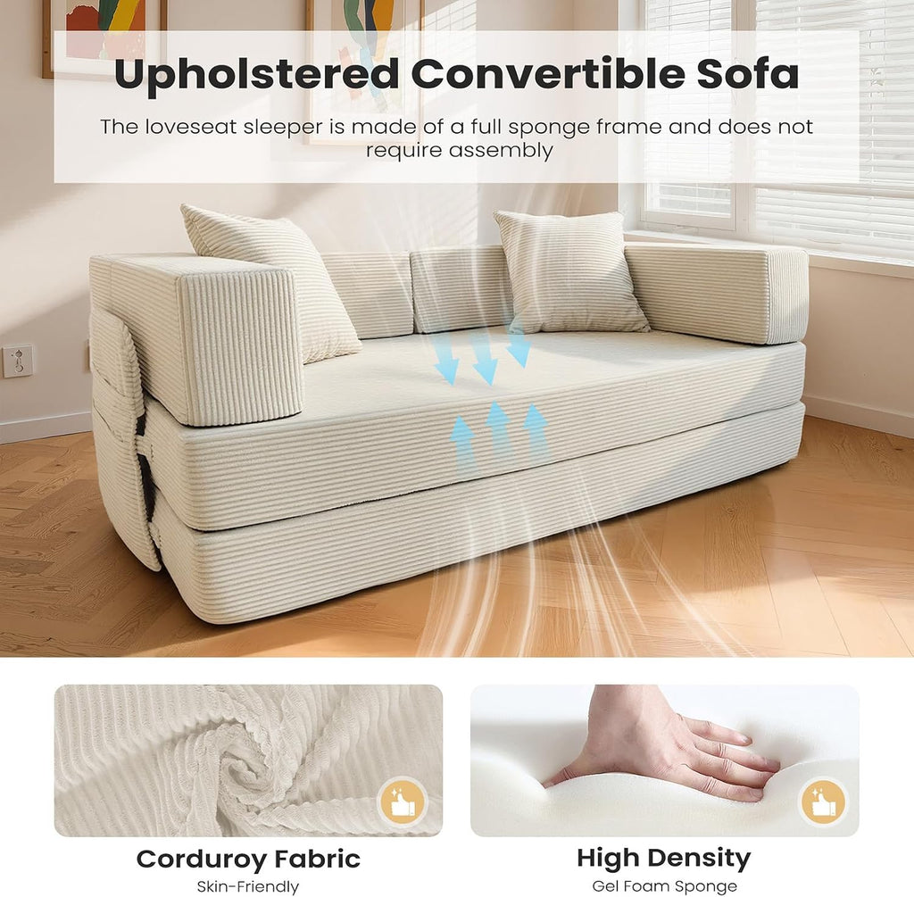5‑in‑1 Futon Sofa Bed Queen – Floor Foldable Convertible Sofa Couch with L‑Shaped Armrests, Removable Cover, White Convertible Guest Bed | Space‑Saving Fold‑Out Mattress Lounge for Living Room/Bedroom