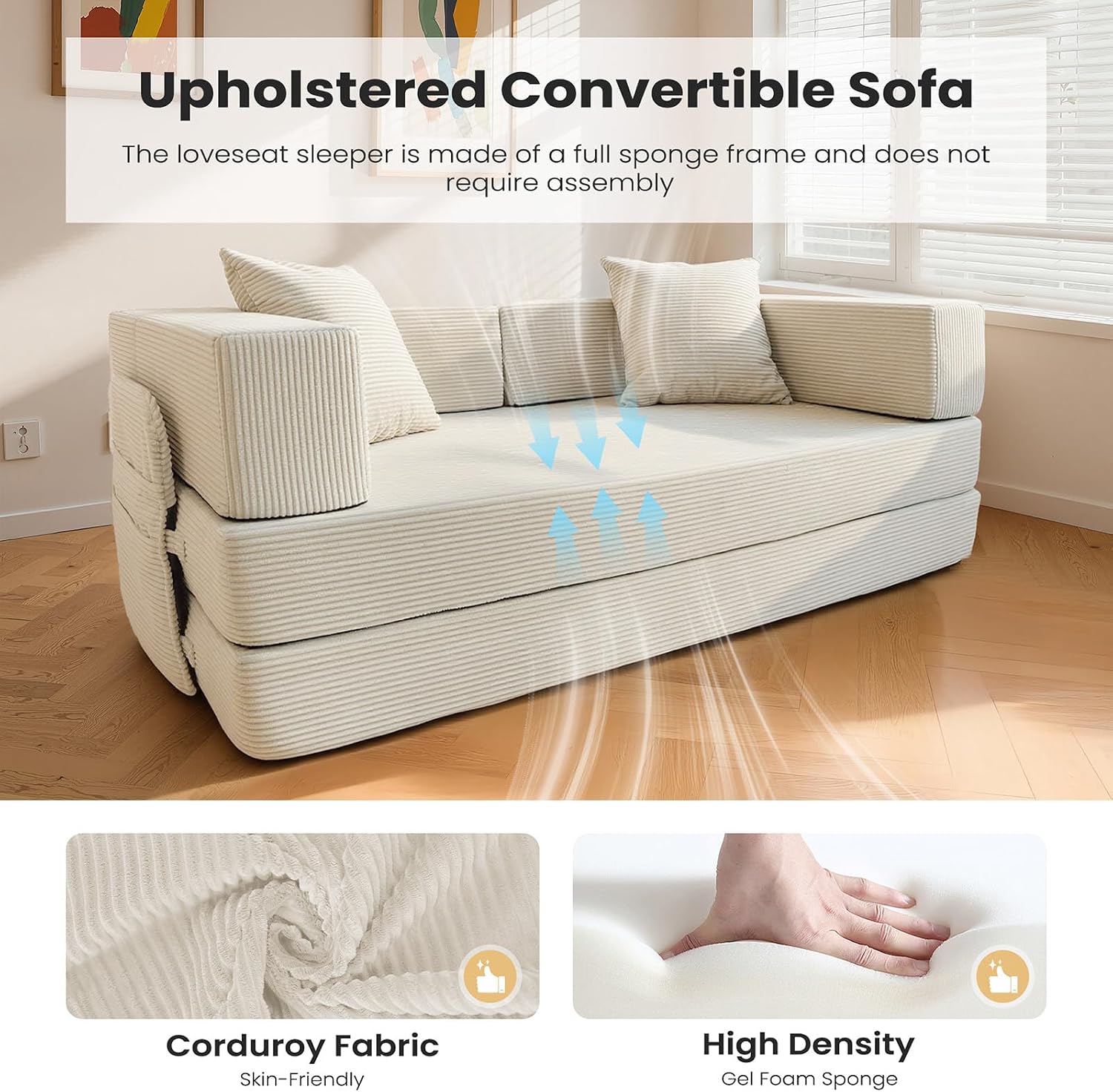 5‑in‑1 Futon Sofa Bed Queen – Floor Foldable Convertible Sofa Couch with L‑Shaped Armrests, Removable Cover, White Convertible Guest Bed | Space‑Saving Fold‑Out Mattress Lounge for Living Room/Bedroom