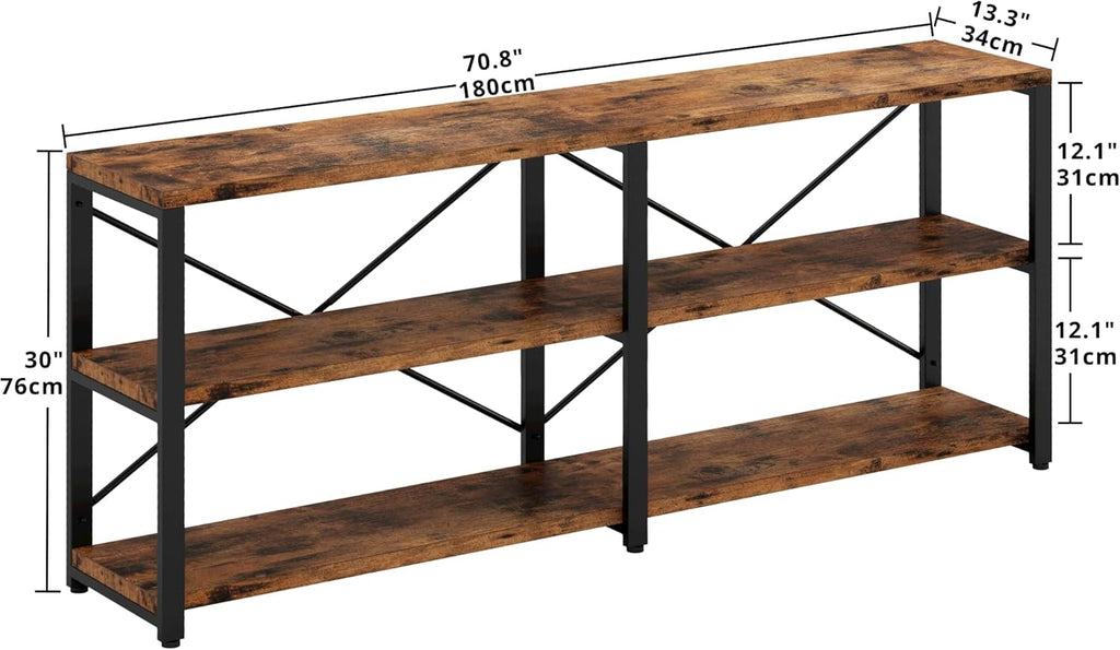 IRONCK Rustic Entryway Console Table, Long Hallway Table 70.8 in 3-Tier, TV Stand Entertainment Center Media Stand for Living Room, Industrial Style, Vintage Brown