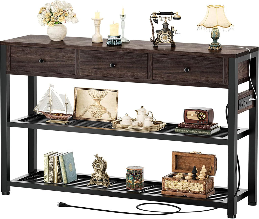 Ecoprsio 47'' Entryway Table with Outlets and USB Ports, Console Table with 3 Drawers, Sofa Table Narrow Long with Storage Shelves for Living Room, Couch, Hallway, Foyer, Black Walnut Finish
