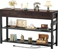 Ecoprsio 47'' Entryway Table with Outlets and USB Ports, Console Table with 3 Drawers, Sofa Table Narrow Long with Storage Shelves for Living Room, Couch, Hallway, Foyer, Black Walnut Finish