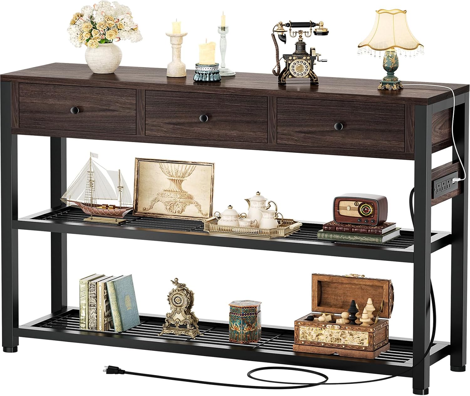 Ecoprsio 47'' Entryway Table with Outlets and USB Ports, Console Table with 3 Drawers, Sofa Table Narrow Long with Storage Shelves for Living Room, Couch, Hallway, Foyer, Black Walnut Finish