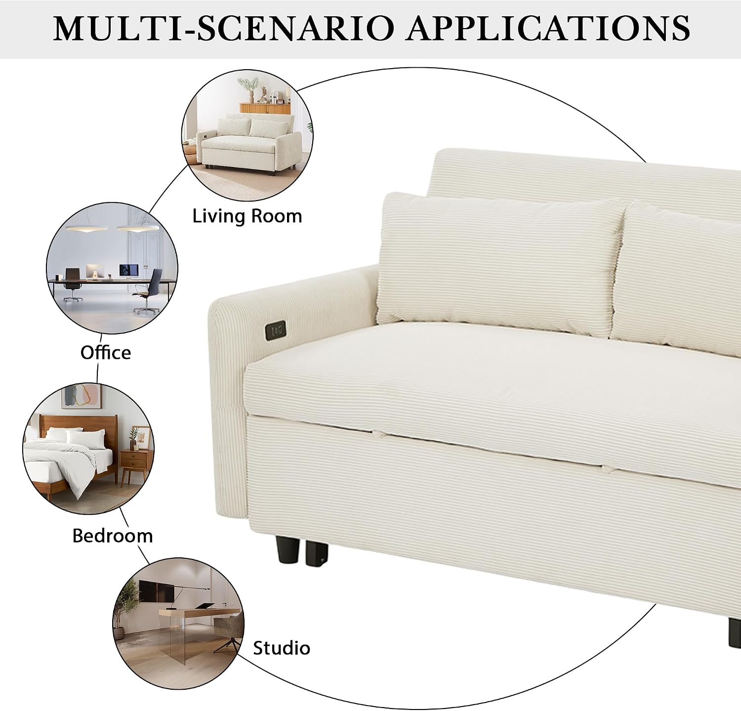 Merax 57.48' Pull-Out Sofa Bed Convertible Couch,2 Seat Loveseat Sofa with 3 Levels Adjustable Backrest,USB Ports and Two Throw Pillows,Modern Corduroy Sleeper Sofa for Living Room(Beige)
