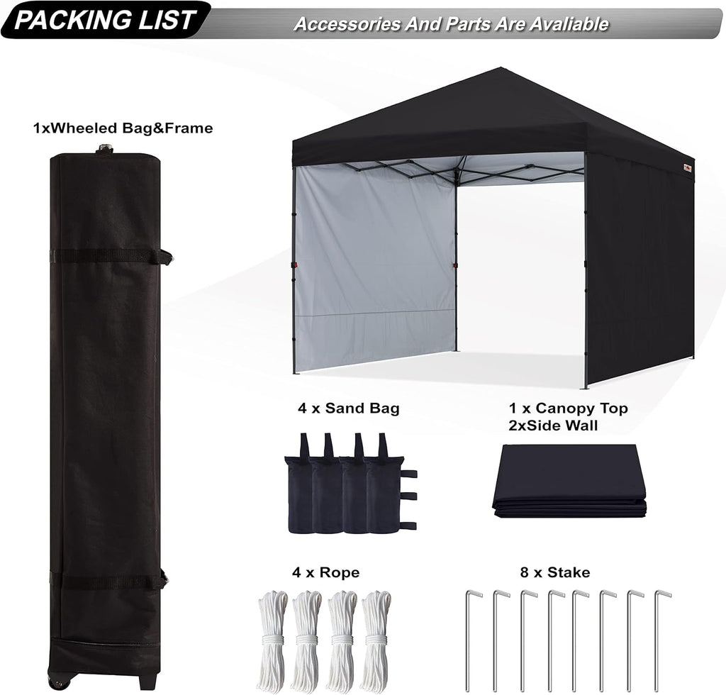 ABCCANOPY Easy Pop up Canopy Tent with 2 Sidewalls for Outdoor Sun Blocking or Rain Protection, 8x8, Black
