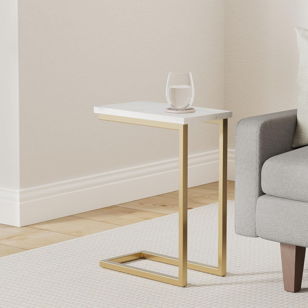 SIMPLIHOME Skyler Metal Table - 18' Wide x 24' High Solid Iron C-Side Table with Genuine White Marble Top in Gold, Contemporary Accent End Table for Living Room or Home Office with Slide-Under Design