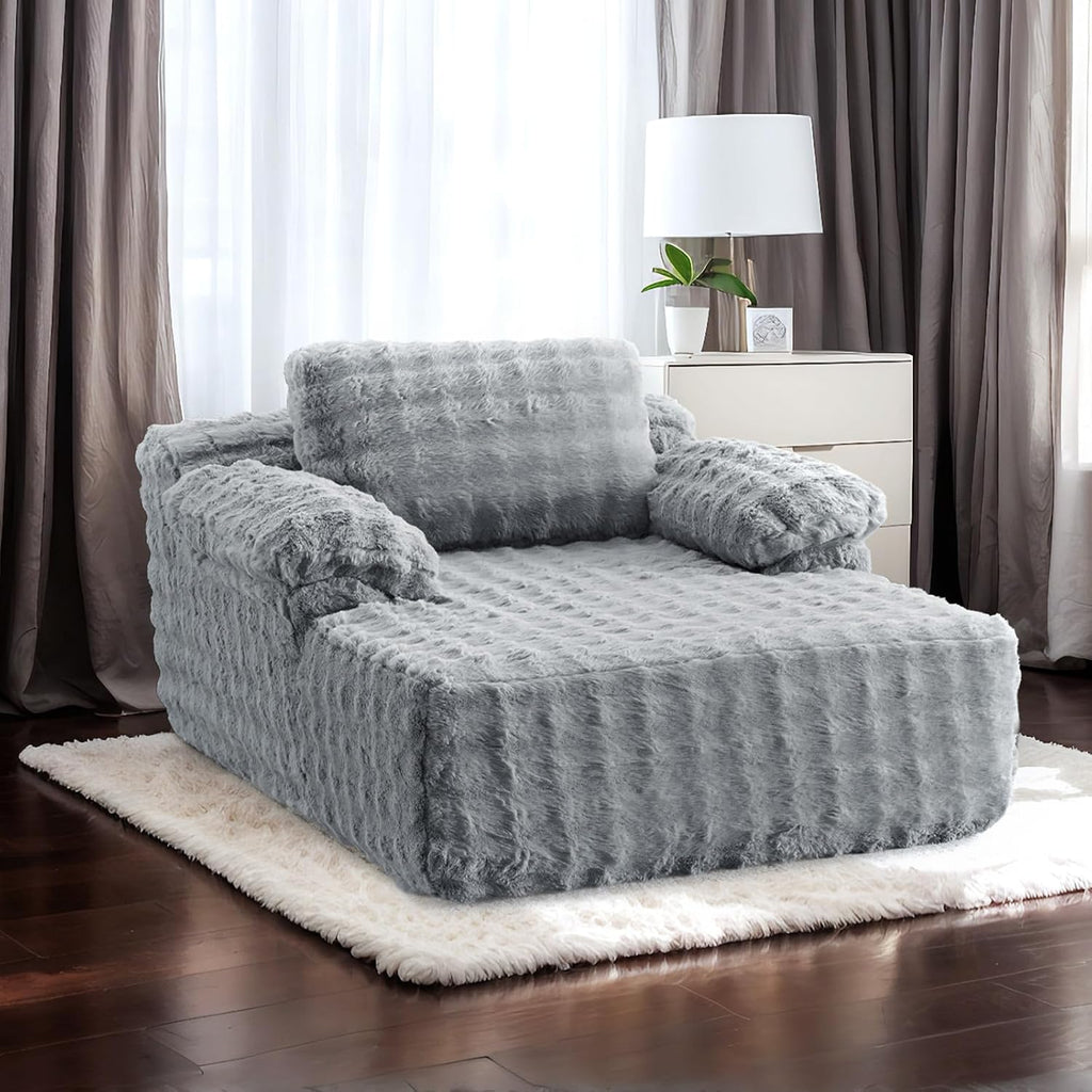VINGLI Boneless Chaise Lounge Chair, Light Grey Oversized Reading Chair Upholstered Bubble Fleece Cloud Couch Sofa Recliner Bed Comfy Sleeper Lounge for Living Room, Movie Room, Bedroom