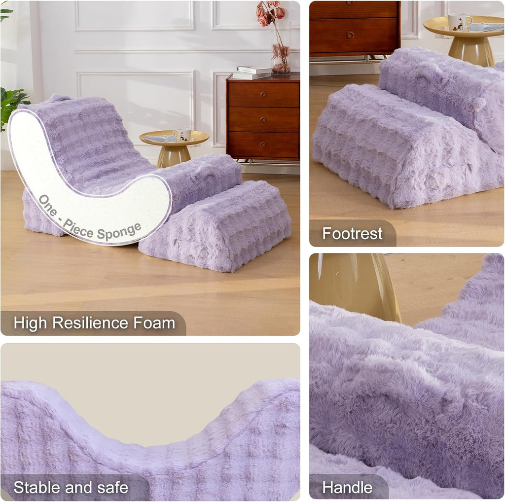 3-in-1 Adjustable Zero Gravity Floor Chair, Oversized Faux Fur Boneless Chair for Adults with Memory Foam & Washable Cover, Silent Rocker Recliner Lounge Chair for Reading, Nursing, Gaming, Purple