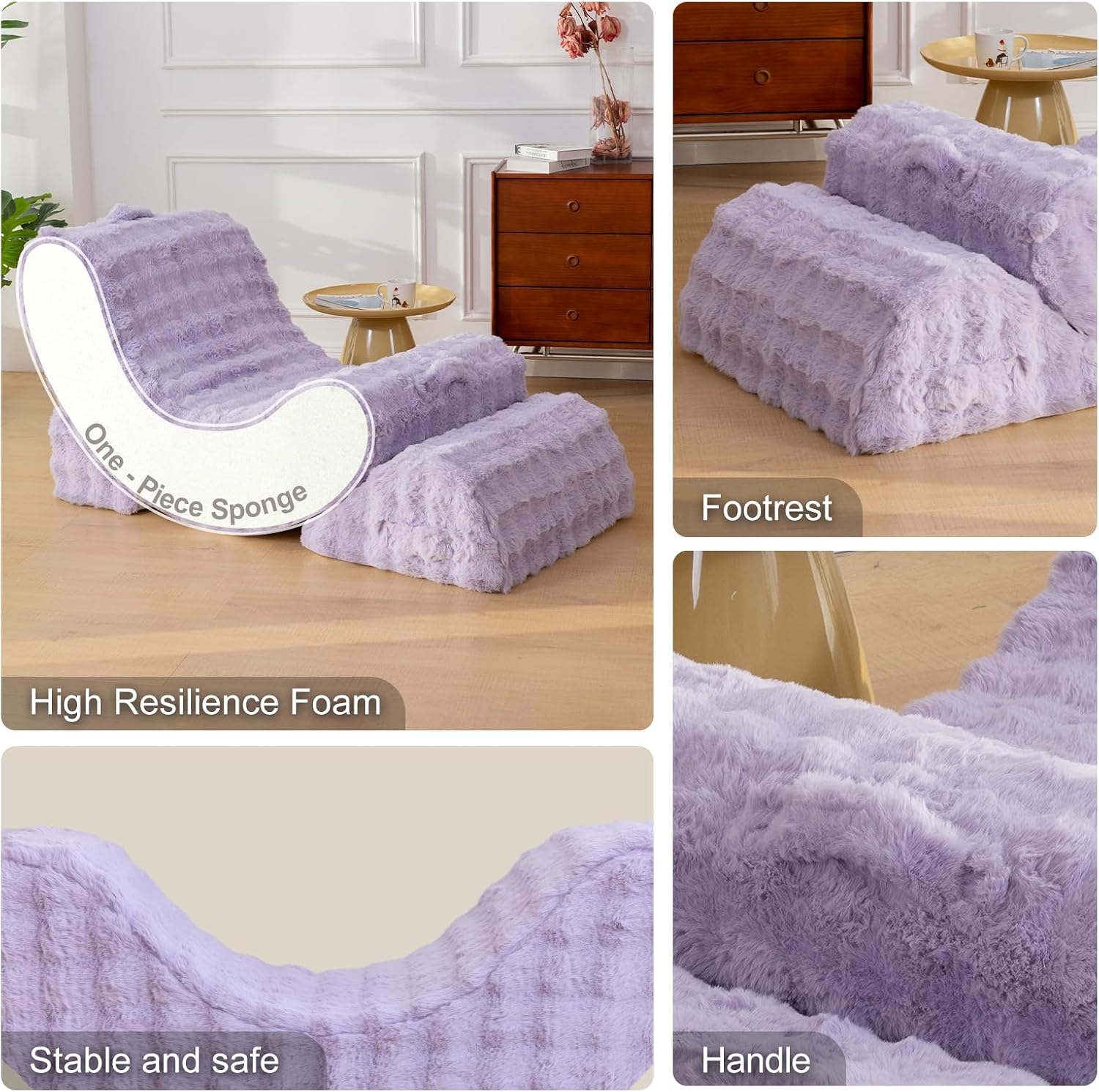 3-in-1 Adjustable Zero Gravity Floor Chair, Oversized Faux Fur Boneless Chair for Adults with Memory Foam & Washable Cover, Silent Rocker Recliner Lounge Chair for Reading, Nursing, Gaming, Purple