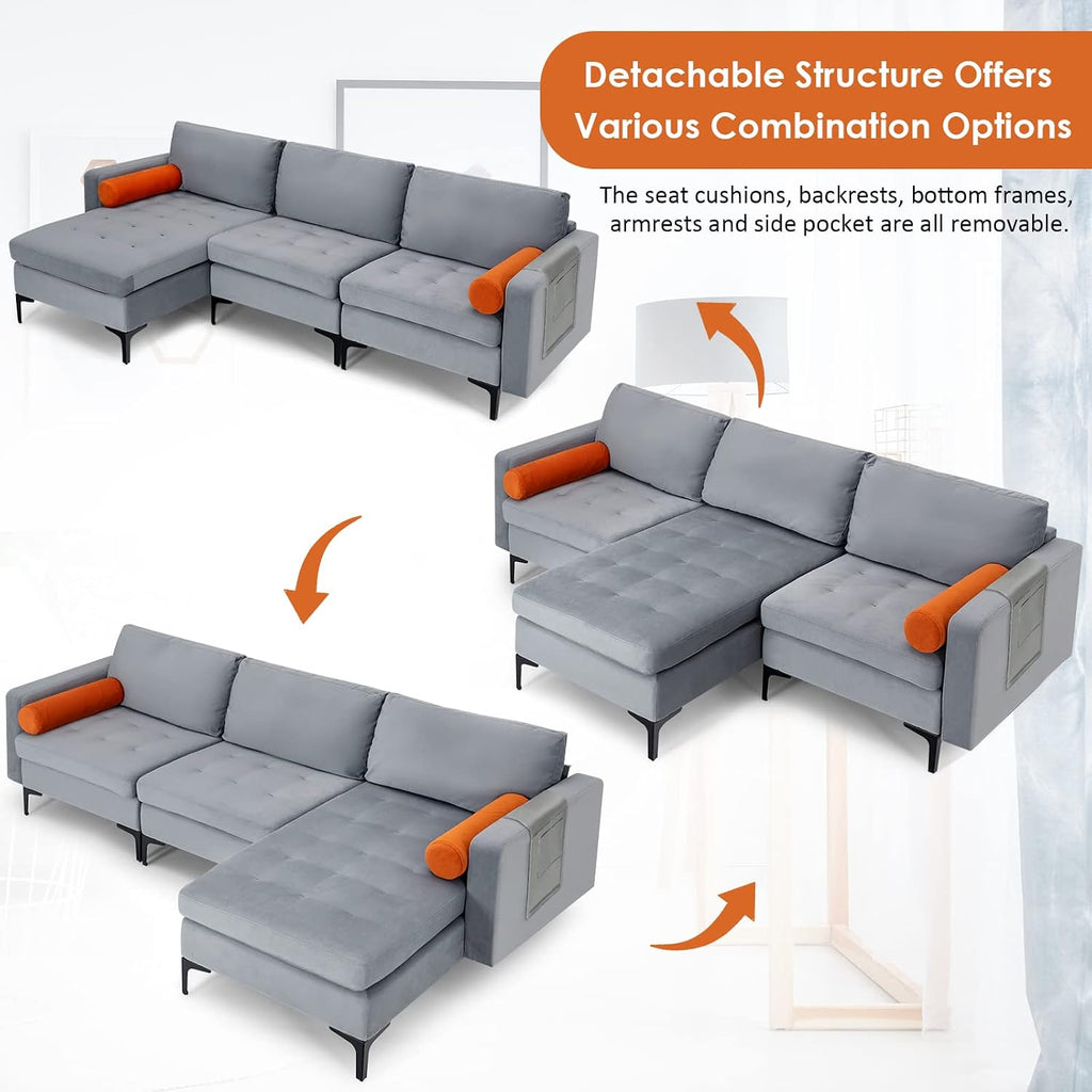 Giantex 97' Large Couch, 3 Seat Sectional Sofa Set, L-Shaped Modular Sleeper with Convertible Chaise Lounge, USB Ports, 3-Hole Socket, Storage Box, 2 Bolsters, Family Apartment Living Room