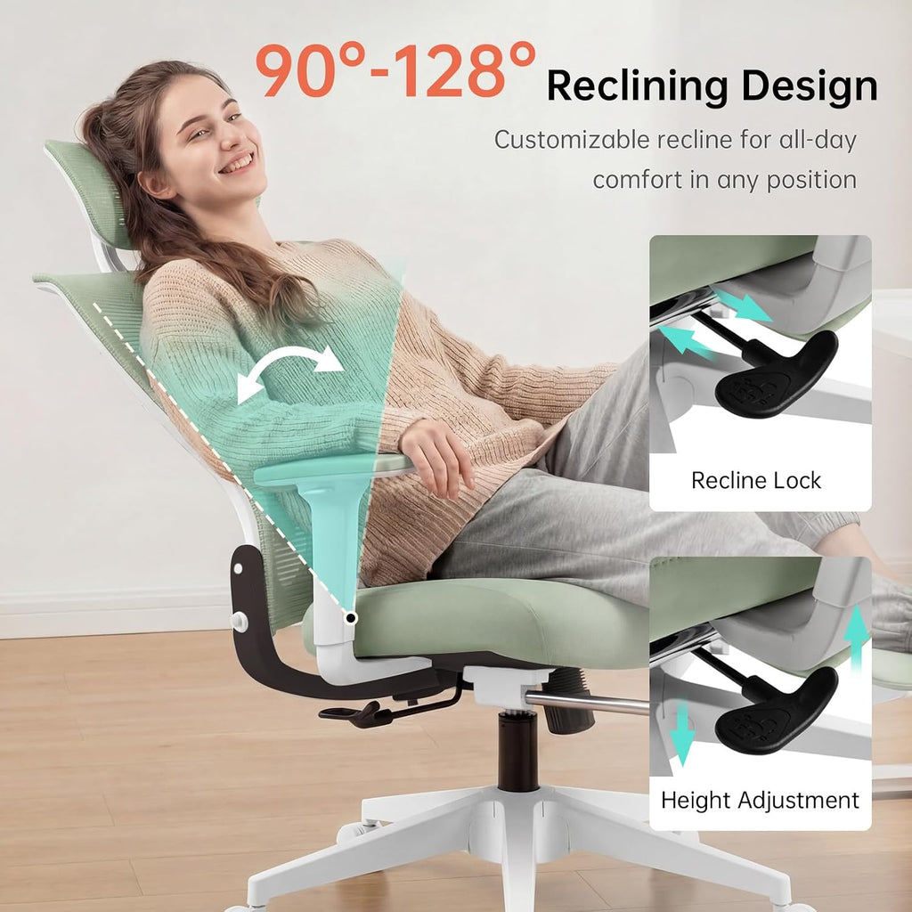 Foldable Office Chair with Foot Rest, Ergonomic Office Chair with Adjustable Lumbar Support, Headrest, Armrest, Home Office Desk Chair for Space Saving, Work from Home, Green