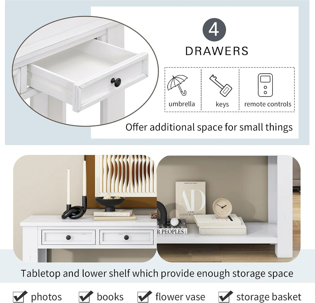 LKTART White Console Table,Solid Wood Sofa Table with 4 Drawers Hallway Table for Storage Entry Foyer Behind Couch Table,Easy Assembled (63' White)